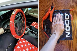 on left: Minnie Mouse-printed car wheel cover. on right: red portable jump starter
