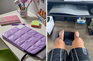 on left: puffy purple laptop sleeve. on right: reviewer using footrest while working at desk