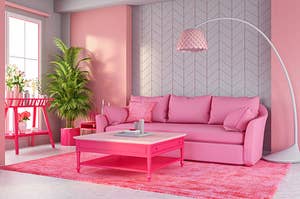 A pink room and pink table, pink rug, and pink lamp