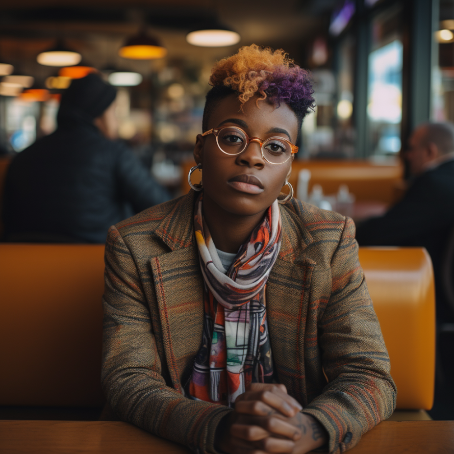 A non-binary person with orange and purple hair sitting at a restaurant