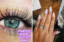 reviewers eye with fake magnetic lashes applied and reviewer nails with milky white polish