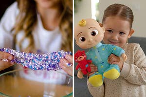 reviewer playing with blue and purple slime / Child holding Cocomelon plush toy