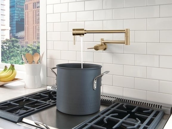gold-tone pot filler faucet above black stove