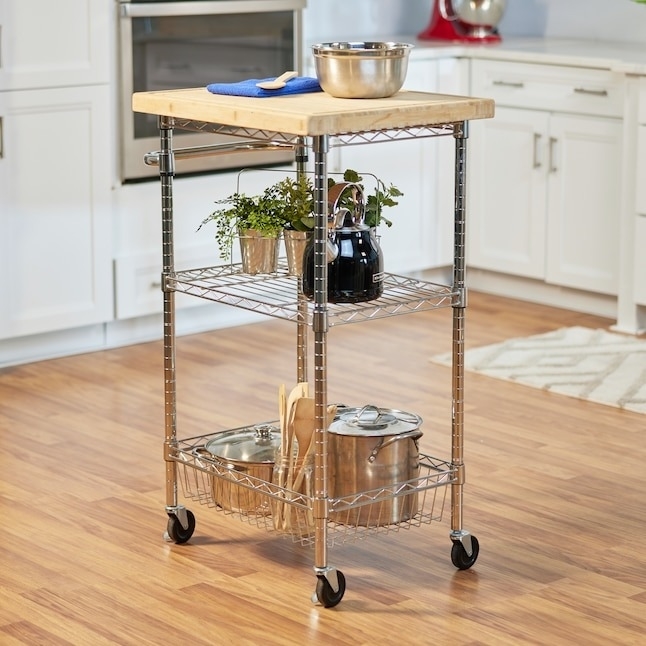 rolling kitchen cart with wood block on top and wire shelves on the bottom