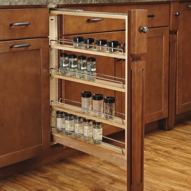 brown spice rack with small shelves for spice jars in kitchen