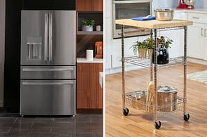 on left: stainless steel fridge. on right: rolling kitchen cart with wood block on top and wire shelves on bottom