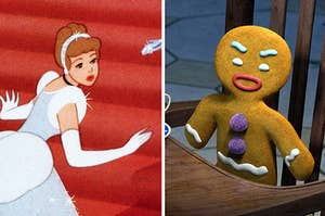 Animated Cinderella from the '50s next to a separate image of an anthropomorphic gingerbread cookie from "Shrek"