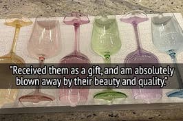 a reviewer photos of colored wine glasses and a quote reading "received them as a gift, and am absolutely blown away by their beauty and quality.: