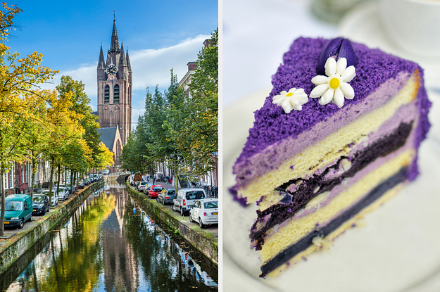 On the left, a canal with cars parked on either side of it in the Netherlands, and on the right, a slice of ube layer cake