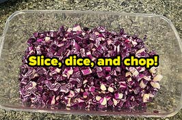 reviewer after image of a bowl full of chopped cabbage and text that reads slice dice and chop