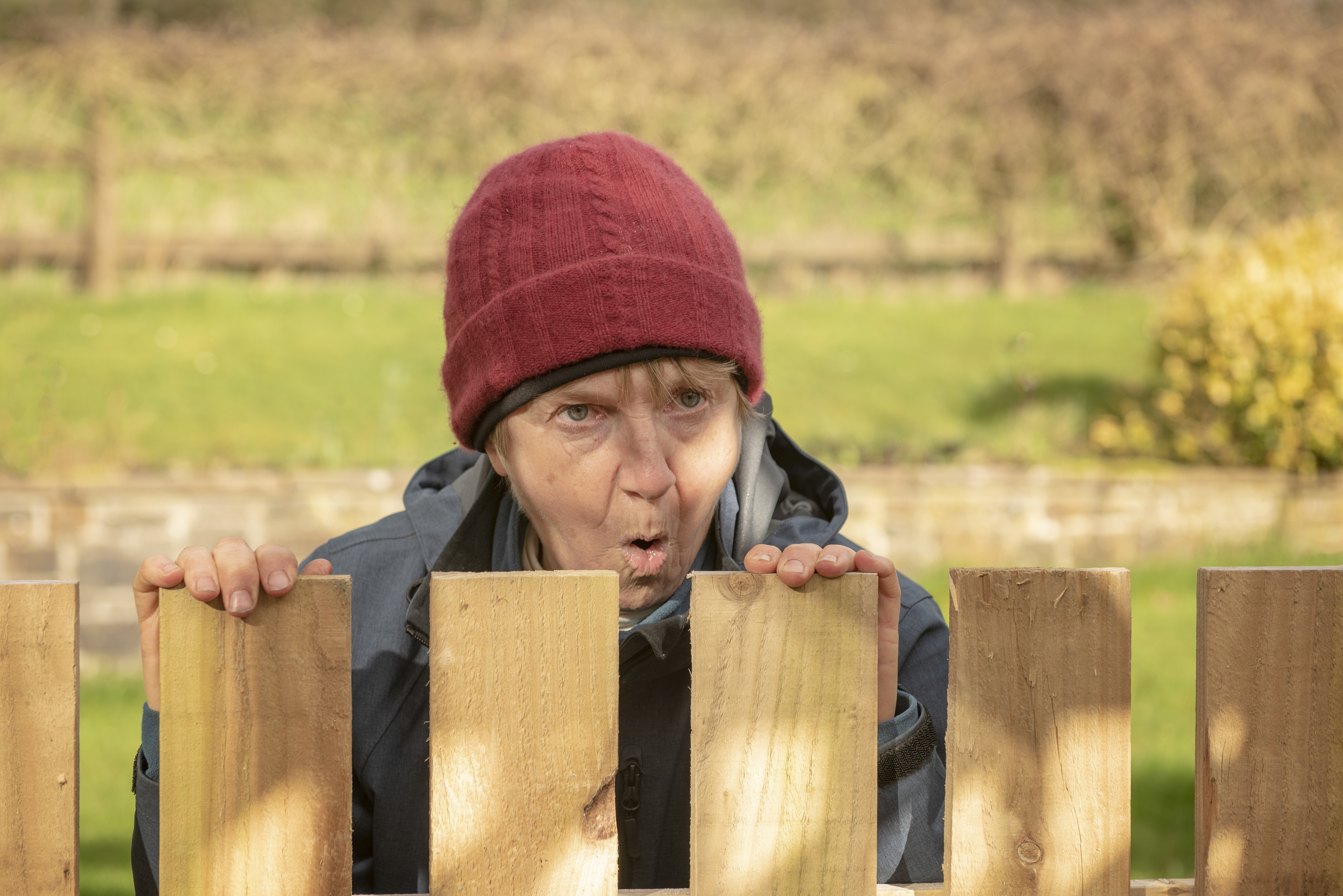 An older neighbor looking over a fence