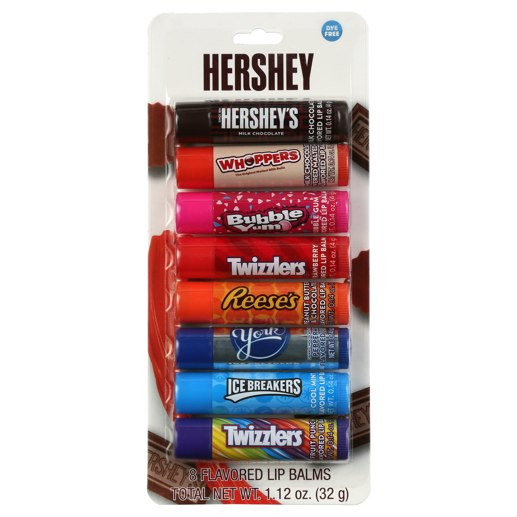 eight chapsticks with similar smells and packaging to candy made by Hershey