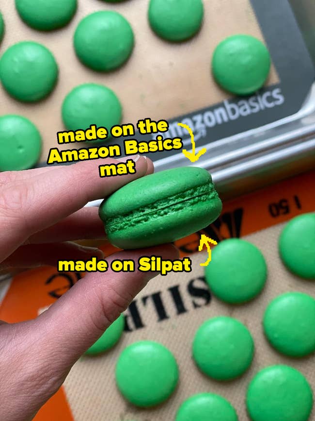 A reviewer comparing macaron halves made on both types of sheets