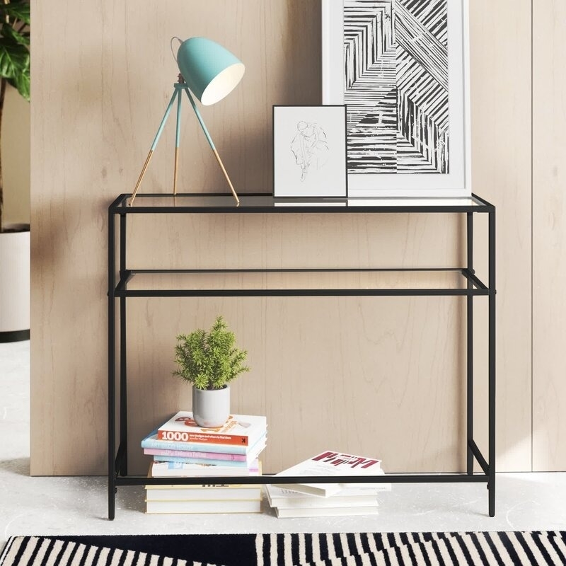 black console table with open shelves