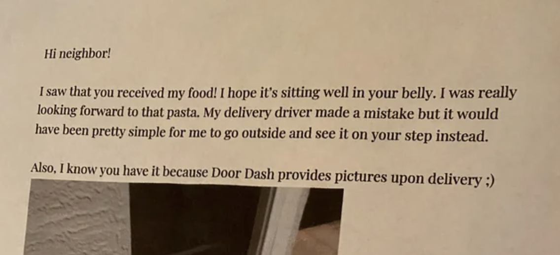 note left to the neighbor with a photo of the delivery they got