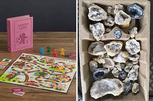 a pink Candyland book with the game in front of it and reviewers geodes broken open