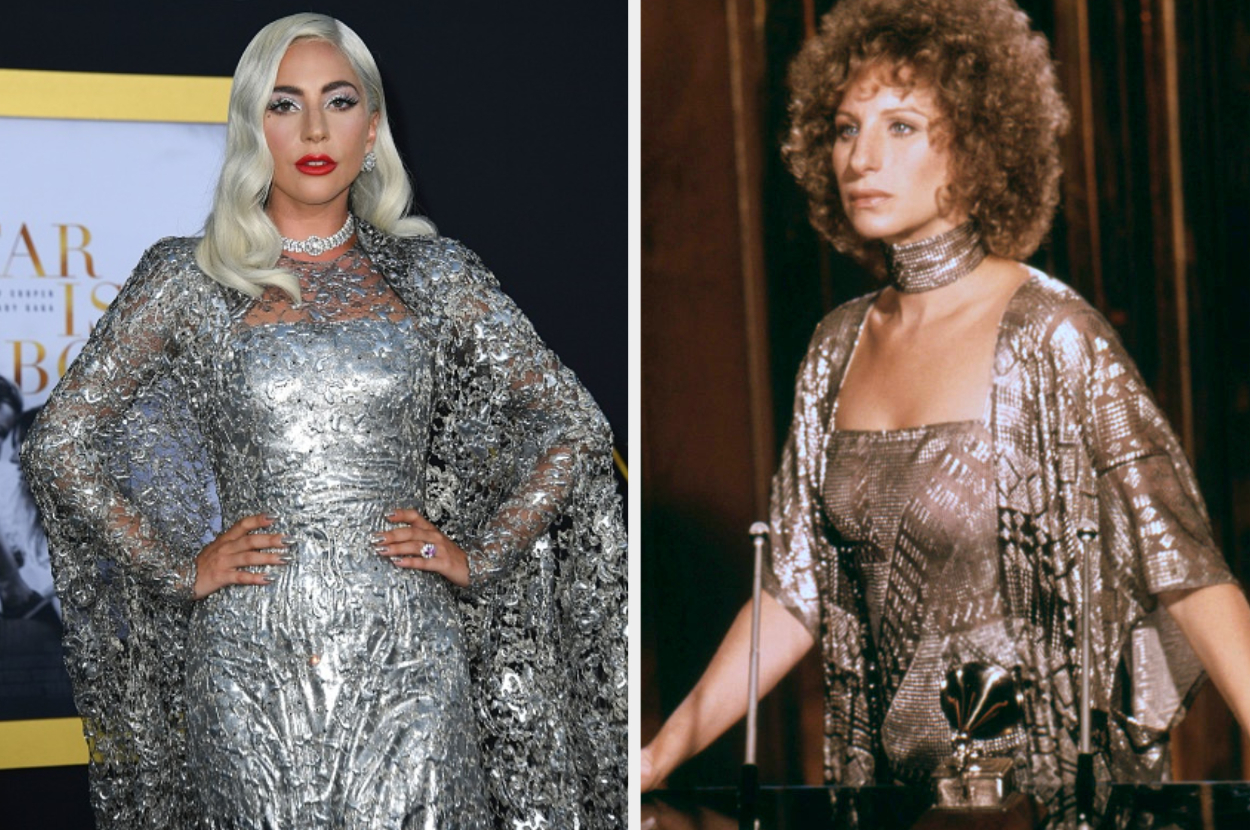 split images of the two wearing a sparkly dress with billowy sleeves