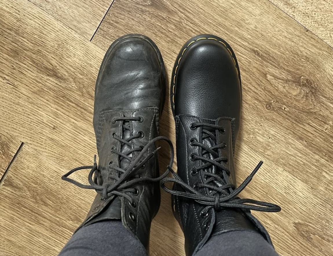 The older lace-up Dr Martens look less rigid, and the black is a bit discolored