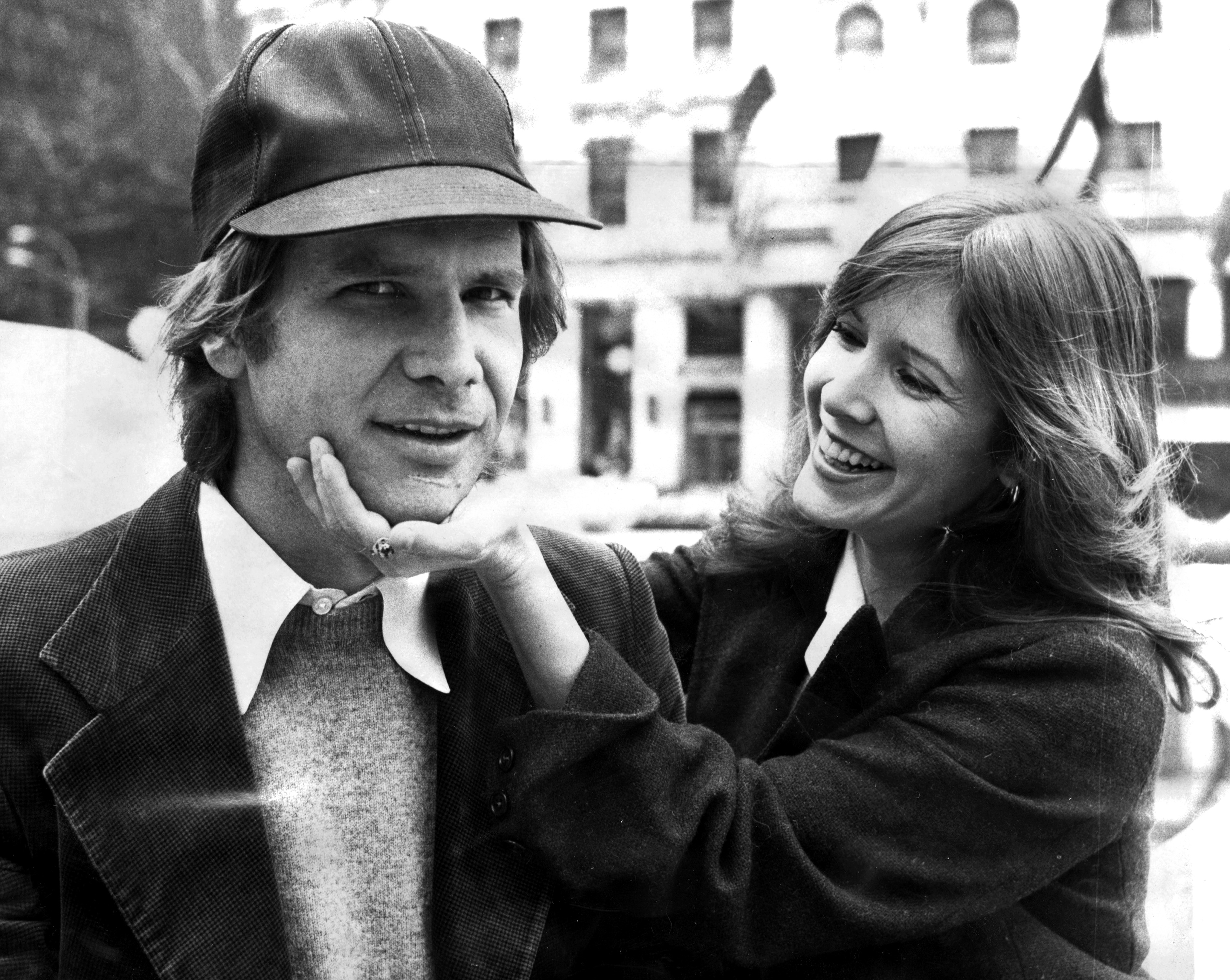 Closeup of Harrison Ford and Carrie Fisher