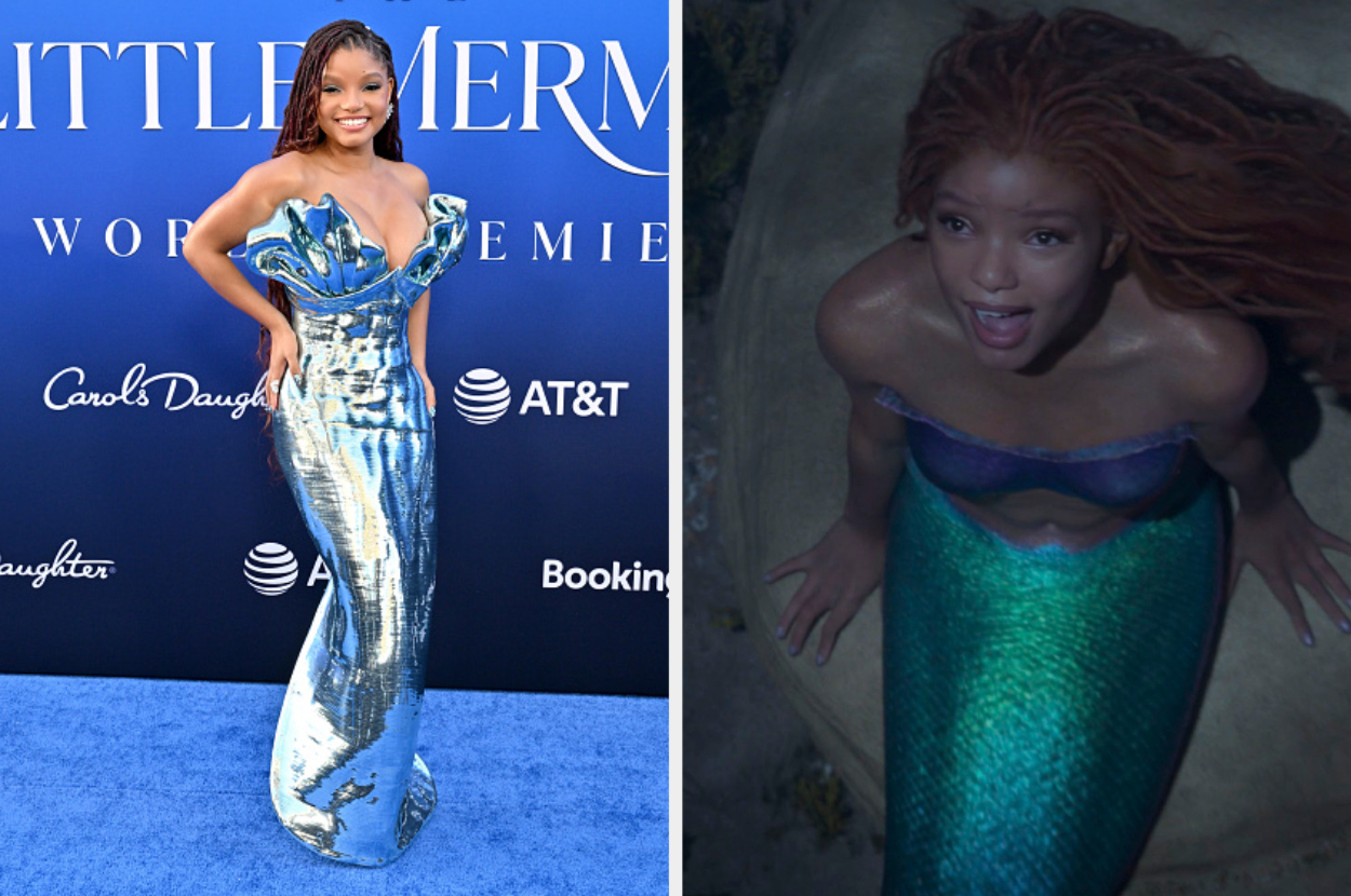 split images of her in a shiny shell-shaped strapless dress at the premiere and her as ariel