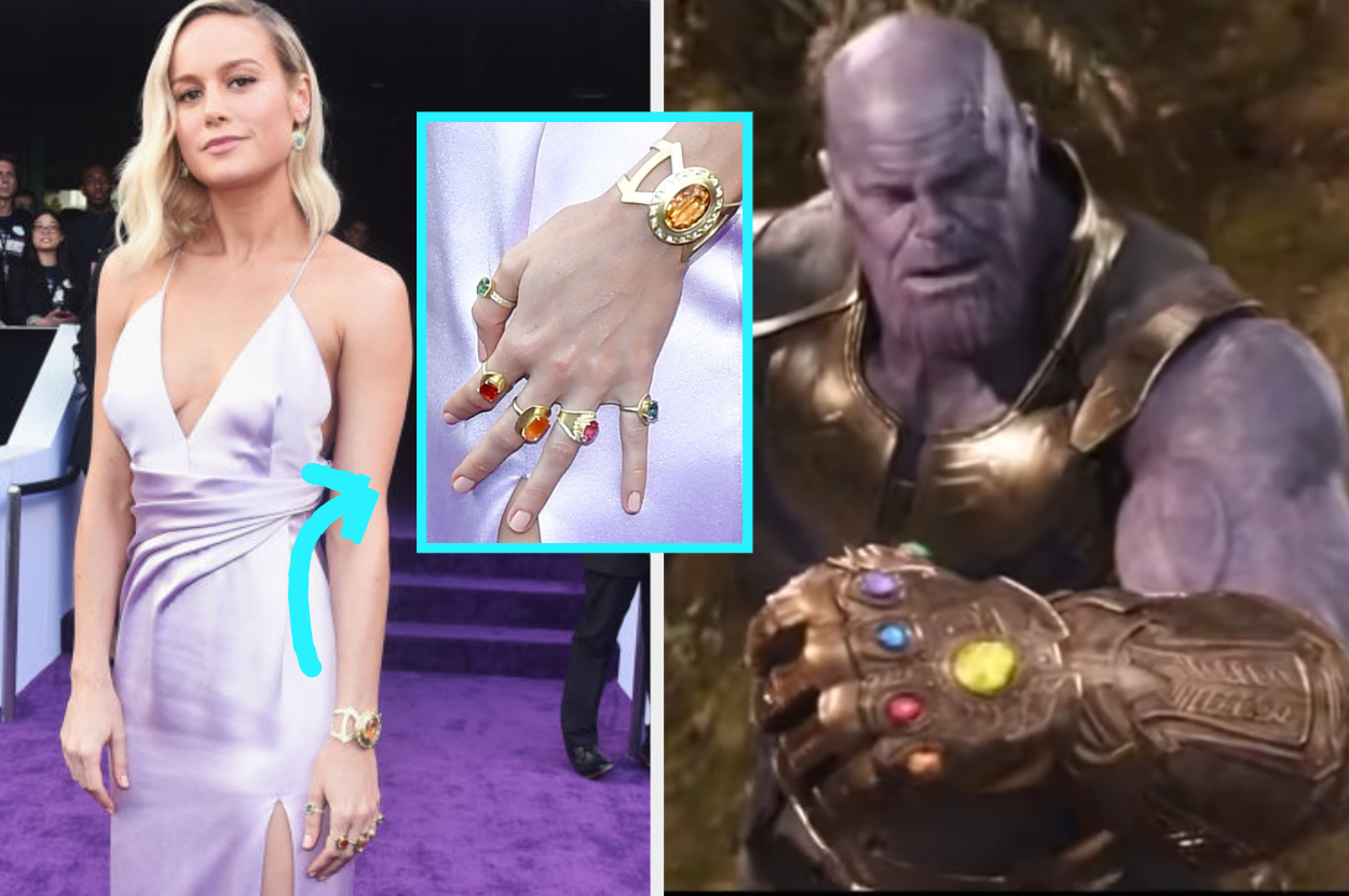 her in a silk dress at the premiere and a close up of her hand sporting all the gem rings and thanos wearing the gems
