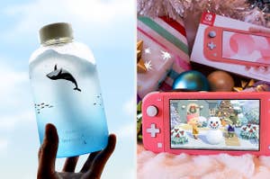 left image: whale water bottle, right image: nintendo switch and animal crossing game