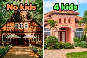 On the left, a wooden chalet style house surrounded by trees labeled no kids, and on the right, a Spanish style house surrounded by palm trees labeled 4 kids