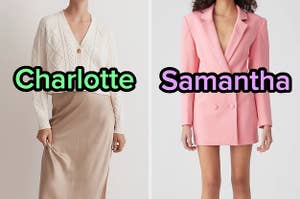 On the left, someone wearing a long, silk dress with a cardigan over it labeled Charlotte, and on the right, someone wearing a blazer style mini dress labeled Samantha
