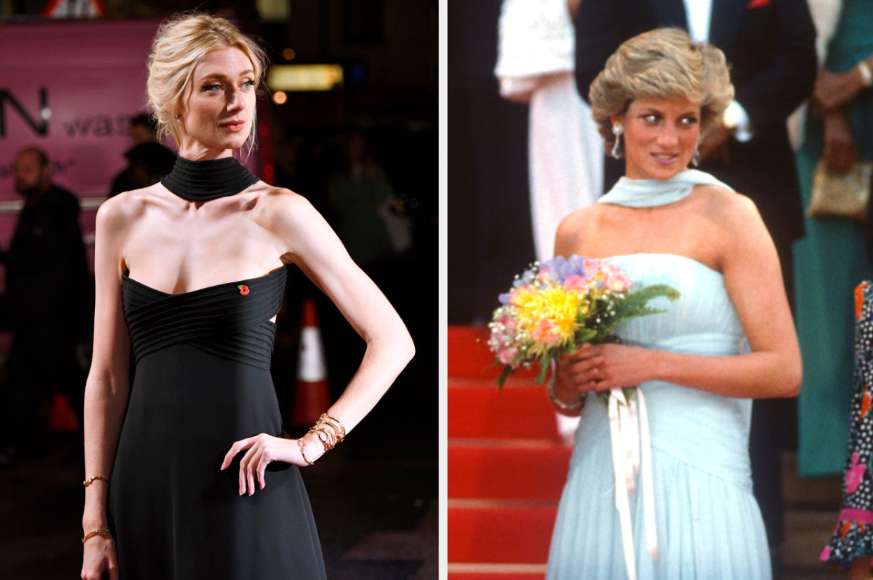 split images of the two wearing a strapless dress with a neck scarf at the events