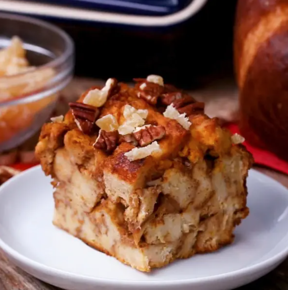 bread pudding topped with pecan and candy ginger