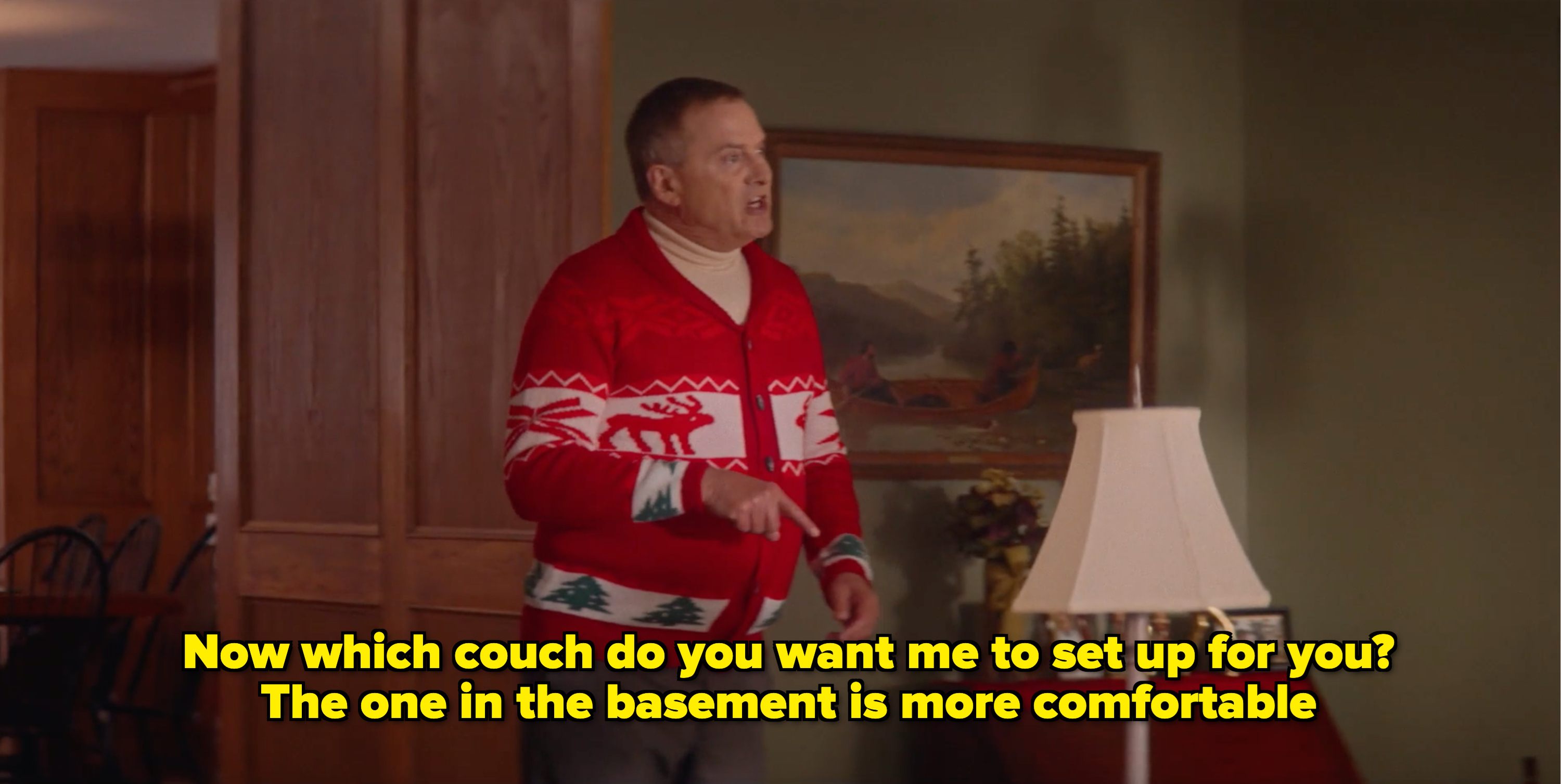 dad says: now which couch do you want me to set up for you? the one in the basement is more comfortable