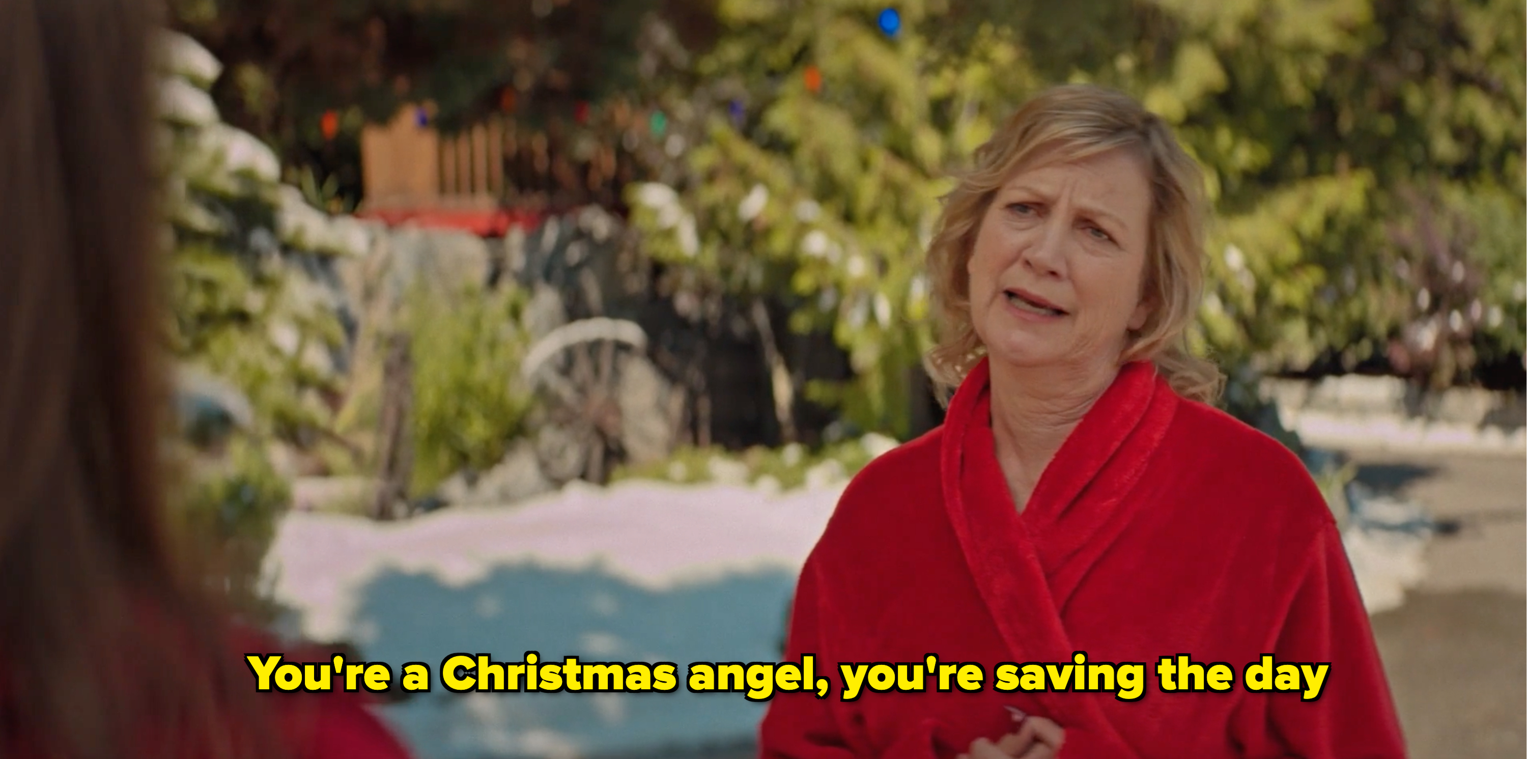mom in robe says: you&#x27;re a christmas angel, you&#x27;re saving the day