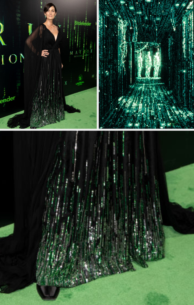 closeup of her sparkling dress that looks like the matrix code