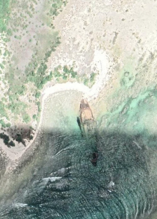 Aerial view of an abandoned ship