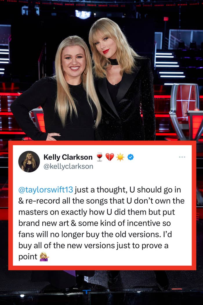 Taylor and Kelly with the text of Kelly&#x27;s tweet giving taylor the idea to rerecord