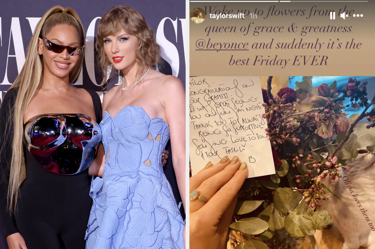 Beyonce and Taylor Swift side by side with Taylor sharing the flowers beyonce sent her