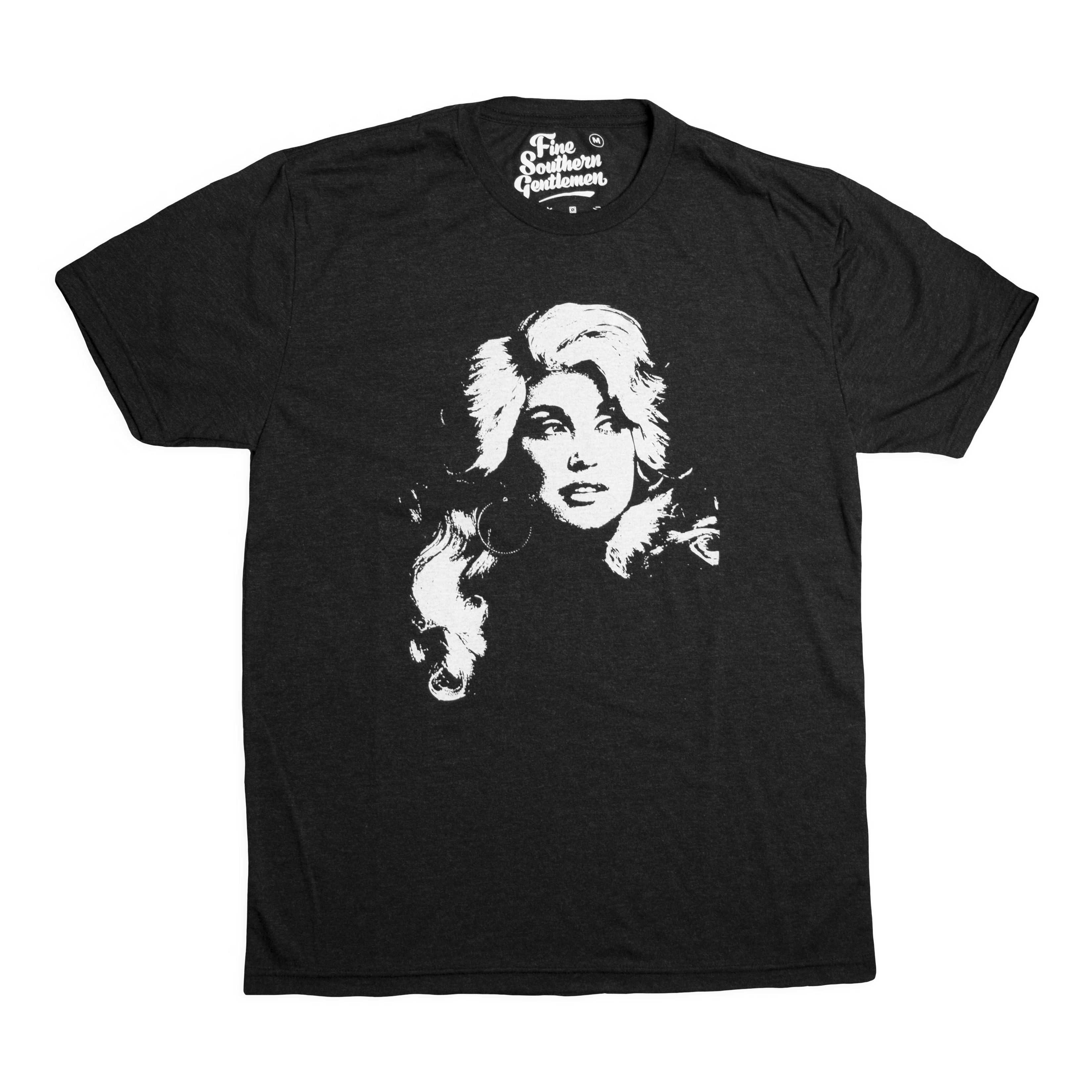 a black tee with a white picture of dolly parton