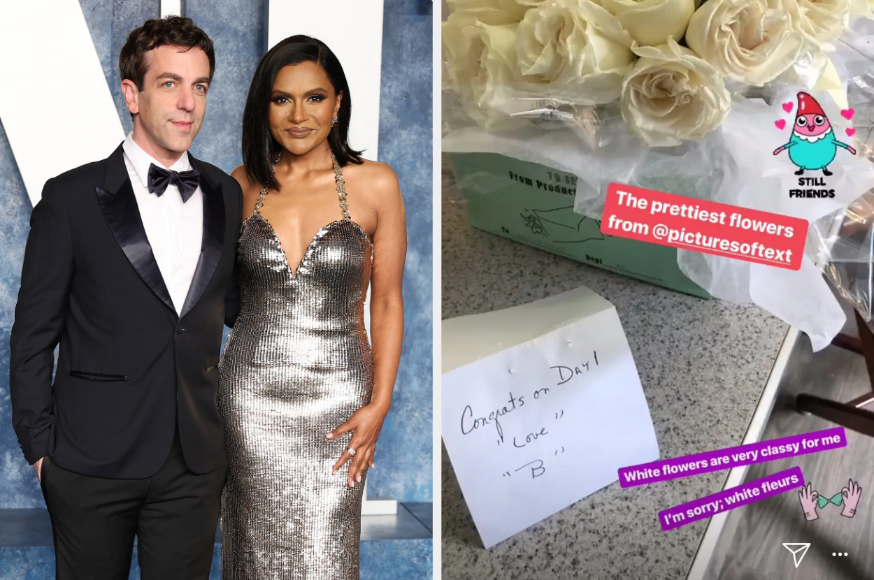 BJ and Mindy at the vanity fair oscar party this year side by side with mindy&#x27;s story about the flowers she got from BJ