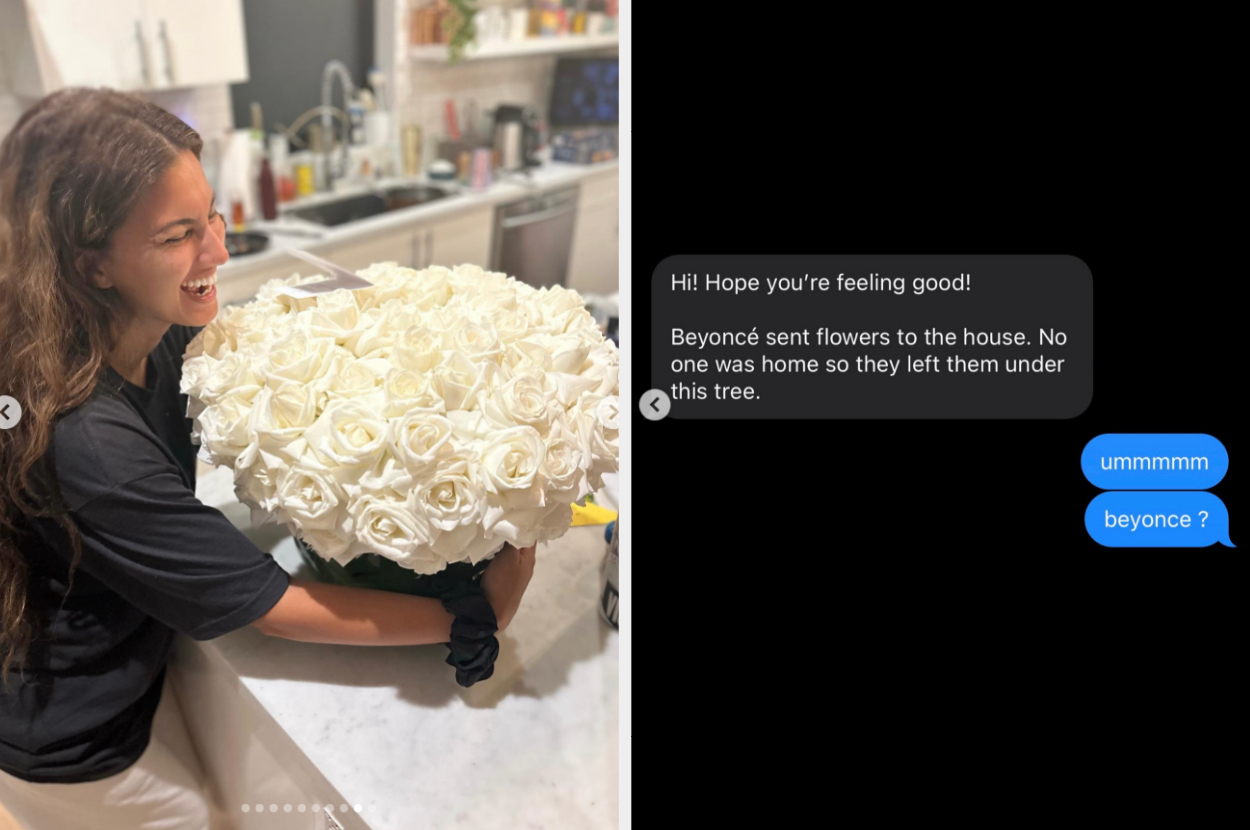Tori receiving bouquet side by side with the text where she was told beyonce sent her flowers and she said ummm beyonce