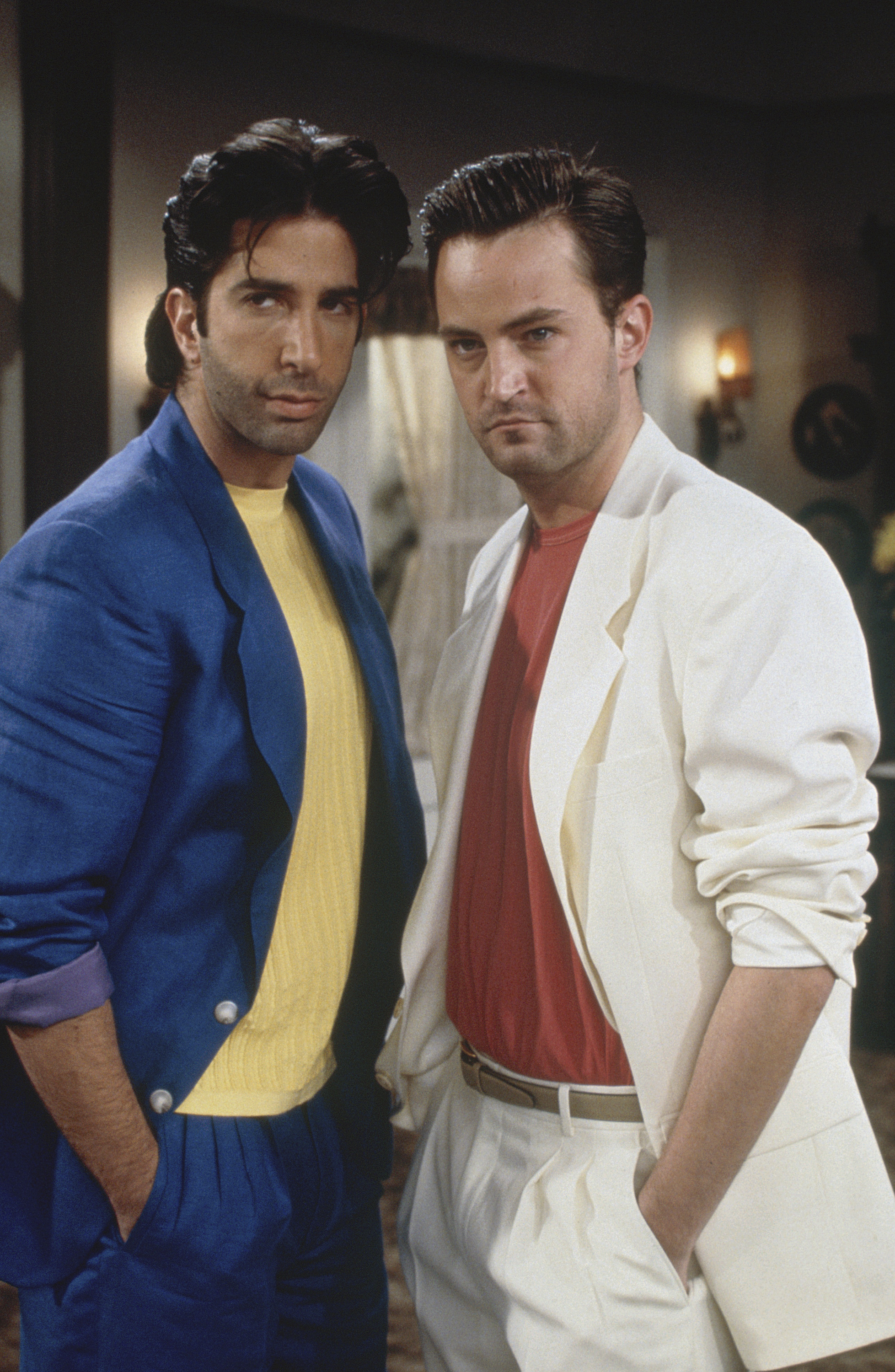 Closeup of David Schwimmer and Matthew Perry