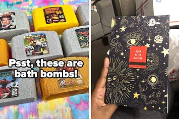 bath bombs that look like Nintendo 64 gaming capsules, hand holding a burn after writing journal