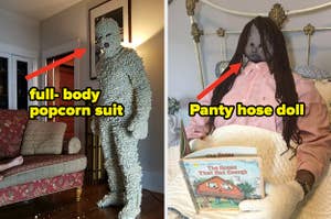 popcorn suit on the left and a panty hose doll on the right