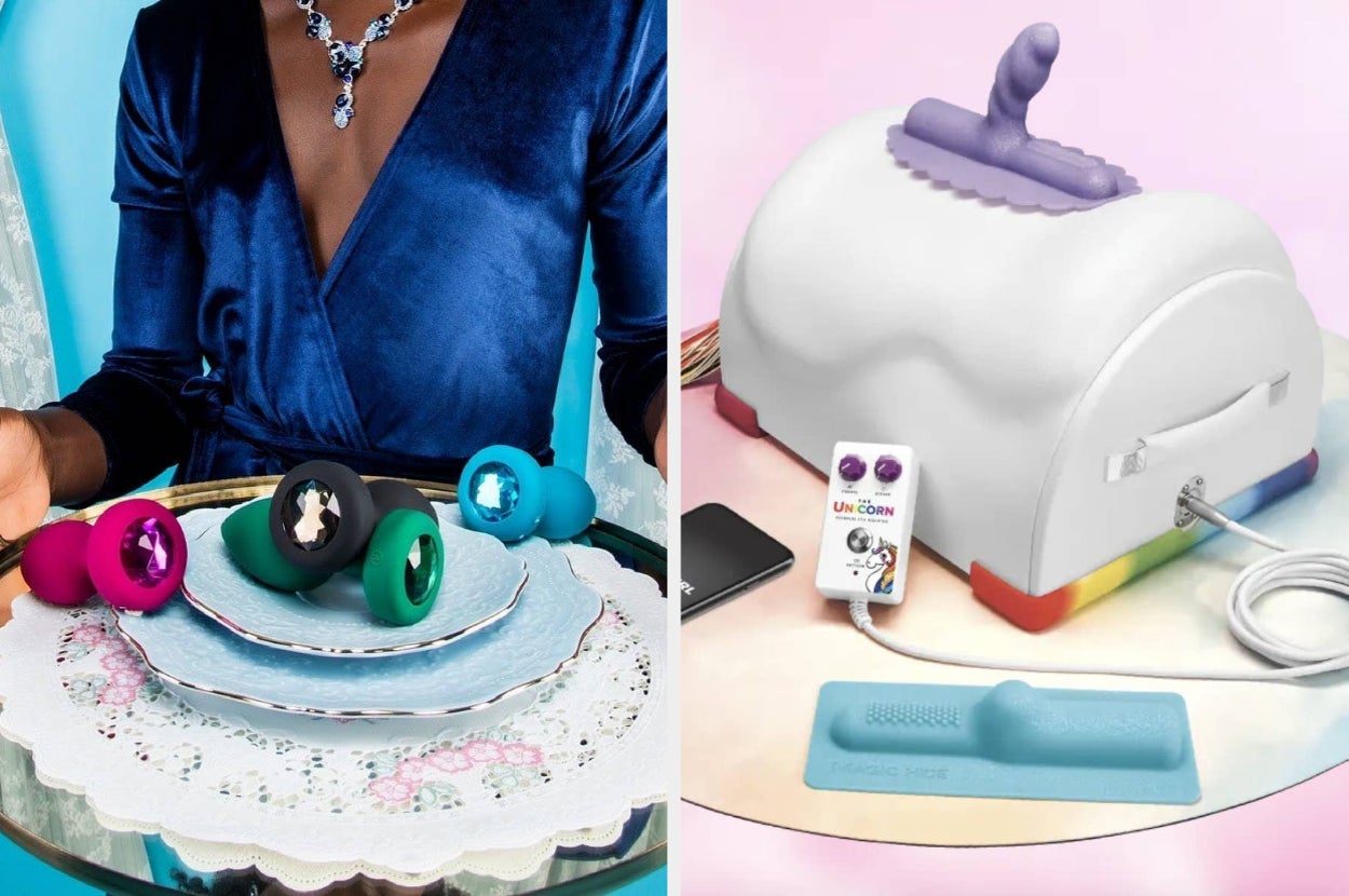 model holding platter of bejeweled butt plugs and unicorn-themed riding sex machine on display