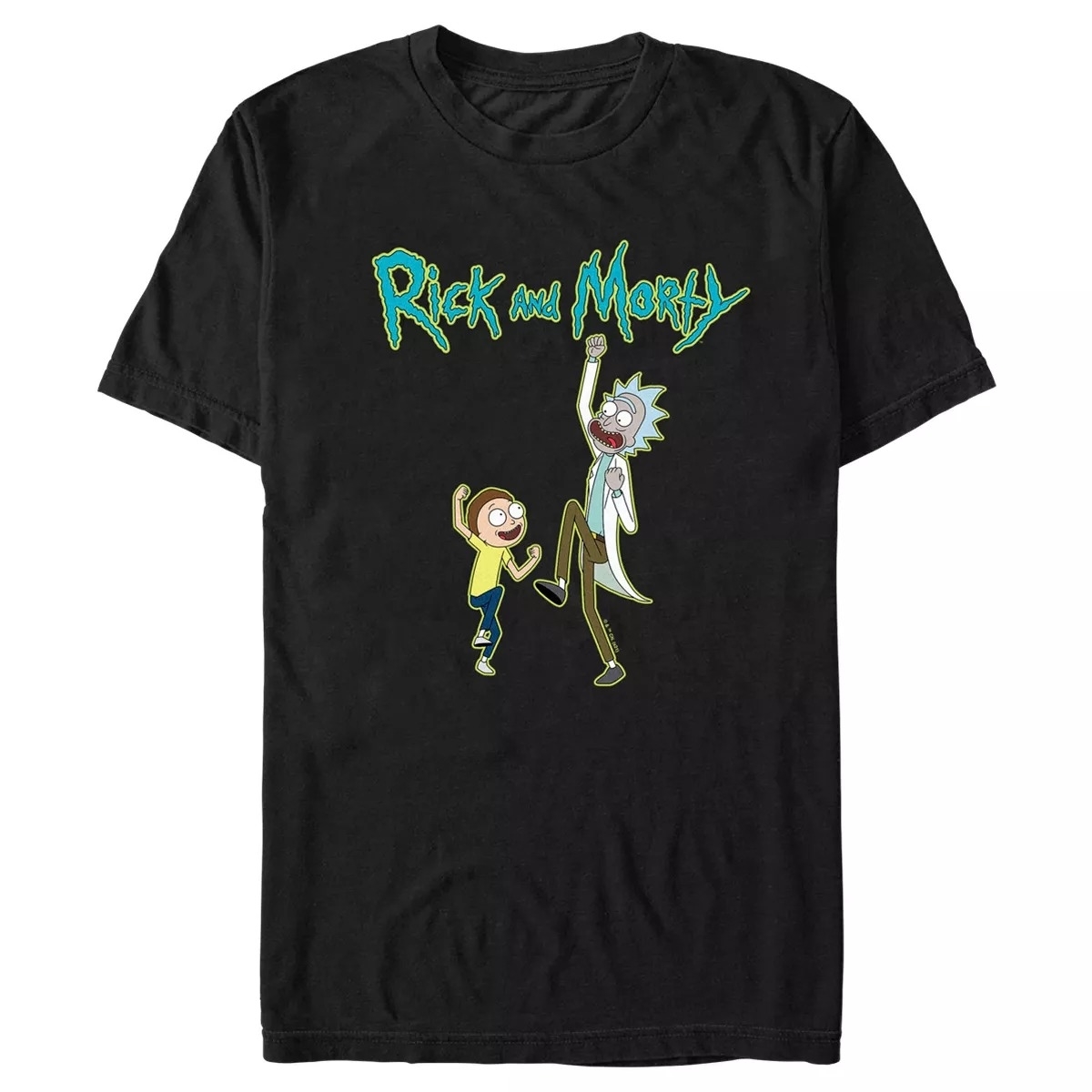 a black tee with rick and morty jumping on it