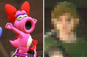 Birdo from the Nintendo universe next to a separate image of a pixelated image of a person from a video game