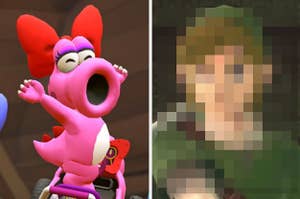 Birdo from the Nintendo universe next to a separate image of a pixelated image of a person from a video game