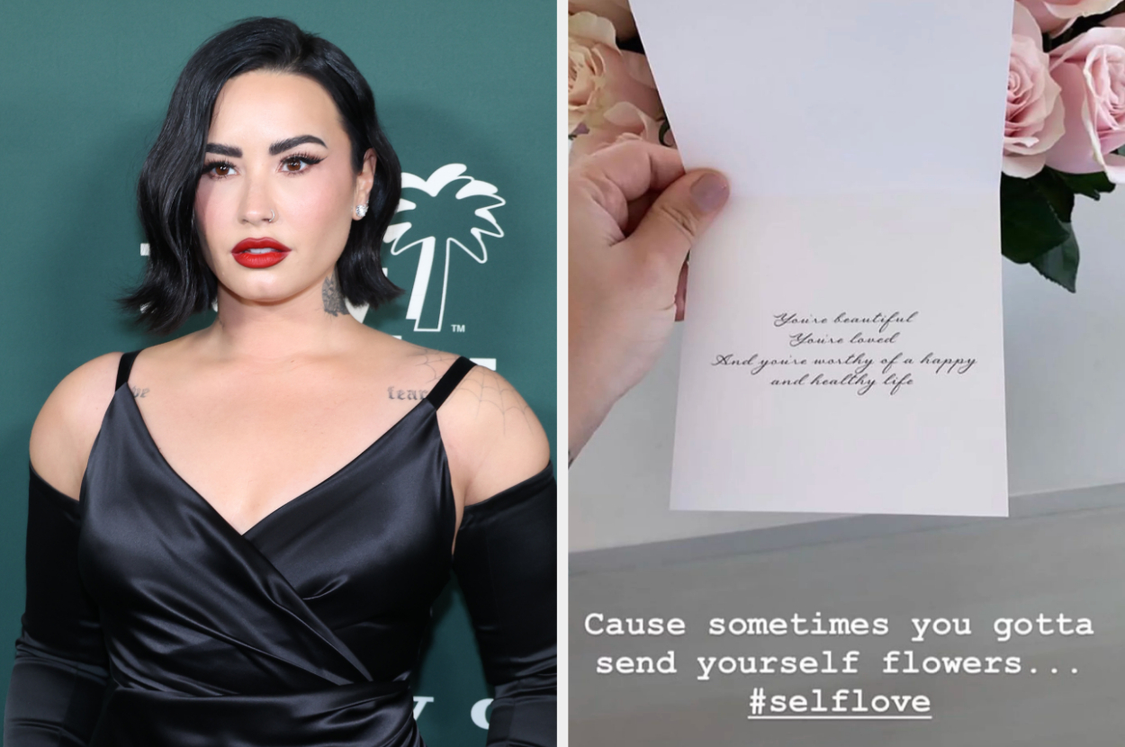 Demi Lovato side by side with the flowers she sent herself
