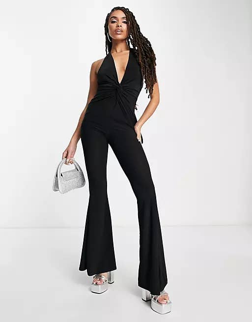 model wears jumpsuit with flare pants