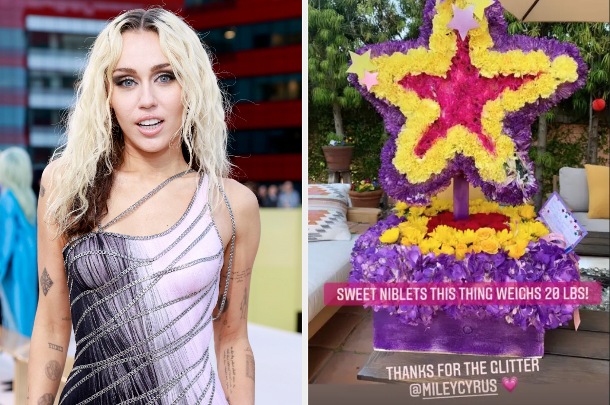 Miley Cyrus side by side the flowers she sent emily osment with the caption sweet niblets this thing weighs 20 lbs