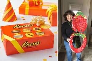 variety box of reese's; reviewer holding a strawberry toilet seat